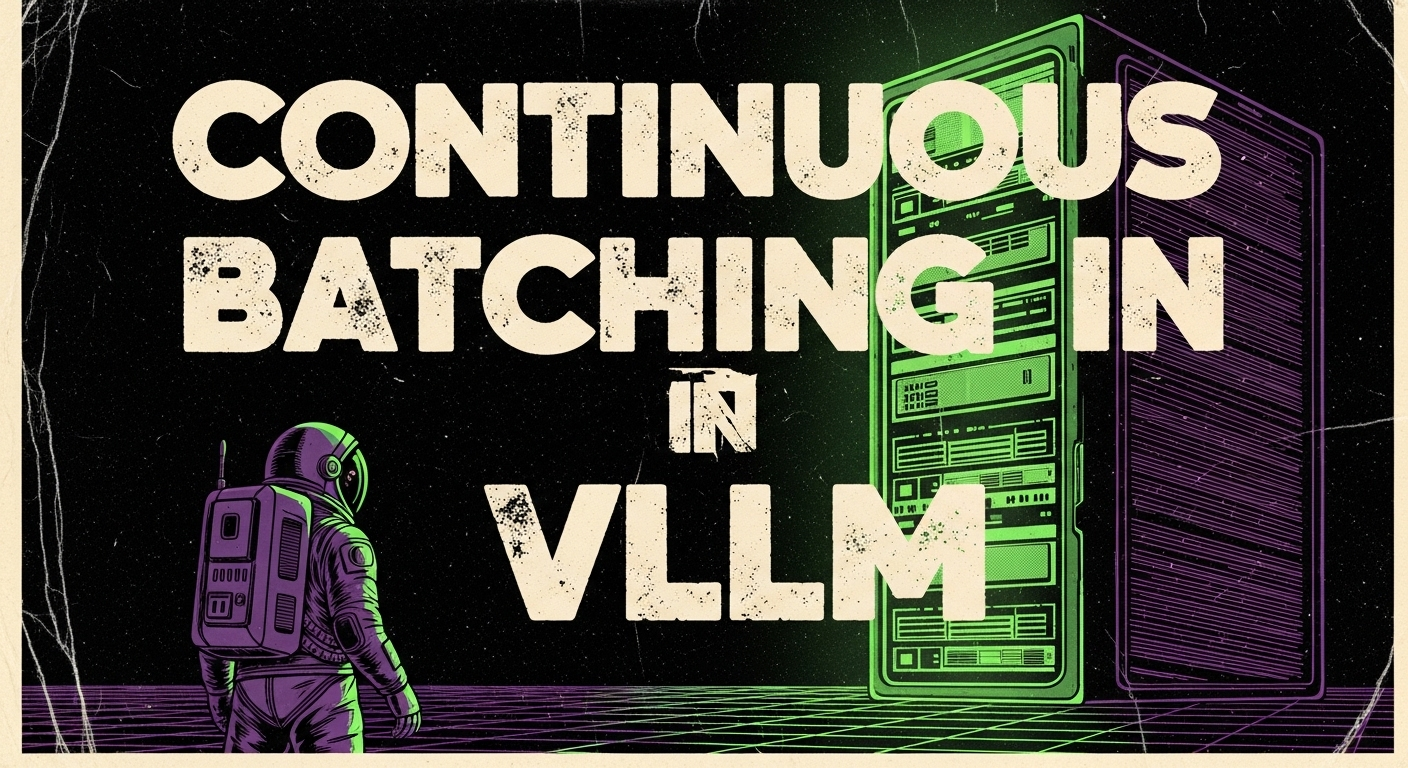 A 1980s cinematic sci-fi depiction of metallic server banks glowing blue with text CONTINUOUS BATCHING IN vLLM
